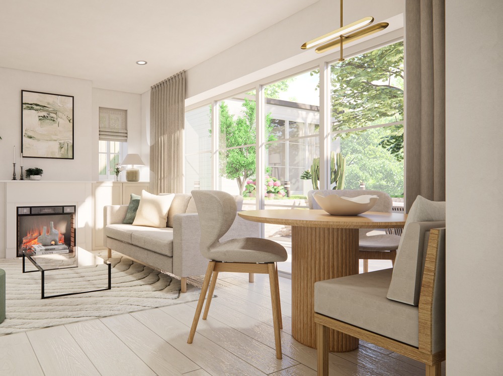 North West London – Interior design for a contemporary open-plan living space with a minimalist aesthetic. Ideal for modern family life. Wall art by Green Lili; home décor from Rose & Grey.